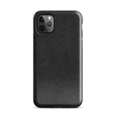 close-up black leather surface with fine grain pores and scattered distressed scratch lines in dark charcoal tones on Glossy Scratched Black Leather Tough Case for iPhone - default view