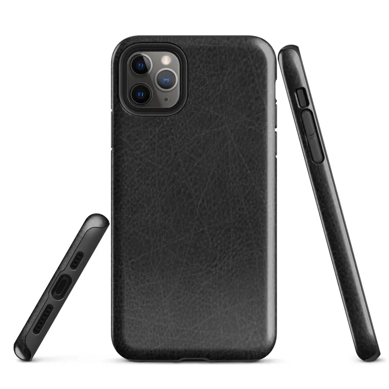 Glossy Scratched Black Leather Tough Case for iPhone — close-up black leather surface with fine grain pores and scattered