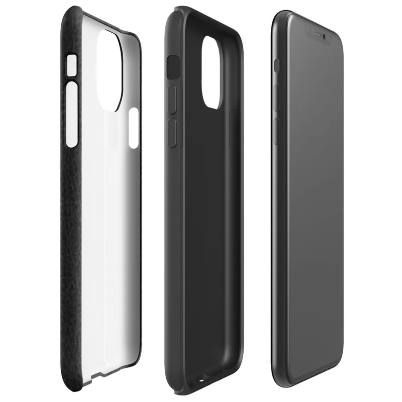 Glossy Scratched Black Leather Tough Case for iPhone — close-up black leather surface with fine grain pores and scattered