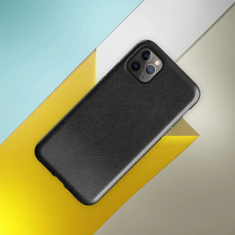Glossy Scratched Black Leather Tough Case for iPhone — close-up black leather surface with fine grain pores and scattered