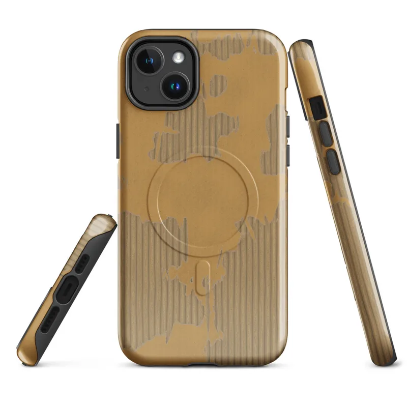 peeled golden kraft paper layers revealing corrugated cardboard fluting beneath in warm amber and tan tones on Glossy Torn Cardboard Texture MagSafe Tough Case for iPhone - default - Front view