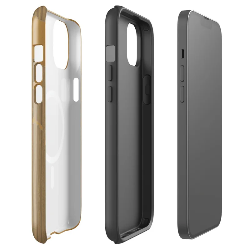 peeled golden kraft paper layers revealing corrugated cardboard fluting beneath in warm amber and tan tones on Glossy Torn Cardboard Texture MagSafe Tough Case for iPhone - default - Front view