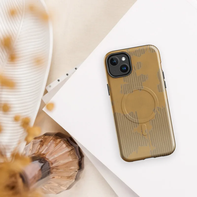 peeled golden kraft paper layers revealing corrugated cardboard fluting beneath in warm amber and tan tones on Glossy Torn Cardboard Texture MagSafe Tough Case for iPhone - default - Front view