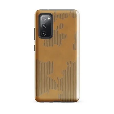 torn and peeling kraft paper revealing corrugated cardboard fluting beneath, warm amber and taupe tones with ragged irregular edges on Glossy Worn Cardboard World Tough Case for Samsung - default - Front view