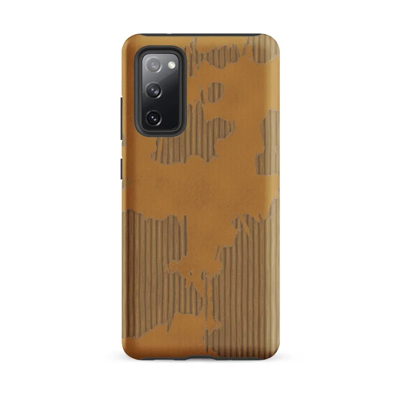 torn and peeling kraft paper revealing corrugated cardboard fluting beneath, warm amber and taupe tones with ragged irregular edges on Matte Worn Cardboard World Tough Case for Samsung - default - Front view