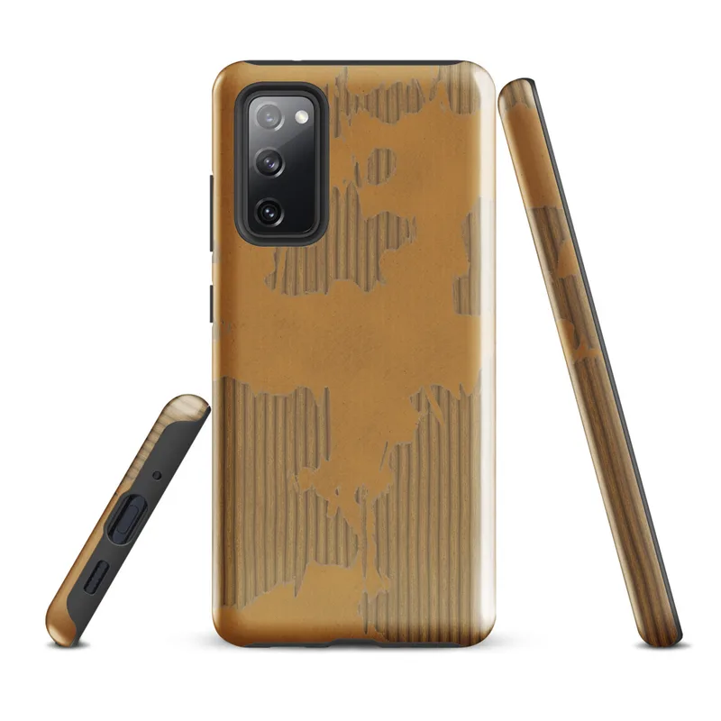 torn and peeling kraft paper revealing corrugated cardboard fluting beneath, warm amber and taupe tones with ragged irregular edges on Glossy Worn Cardboard World Tough Case for Samsung - default - Front view