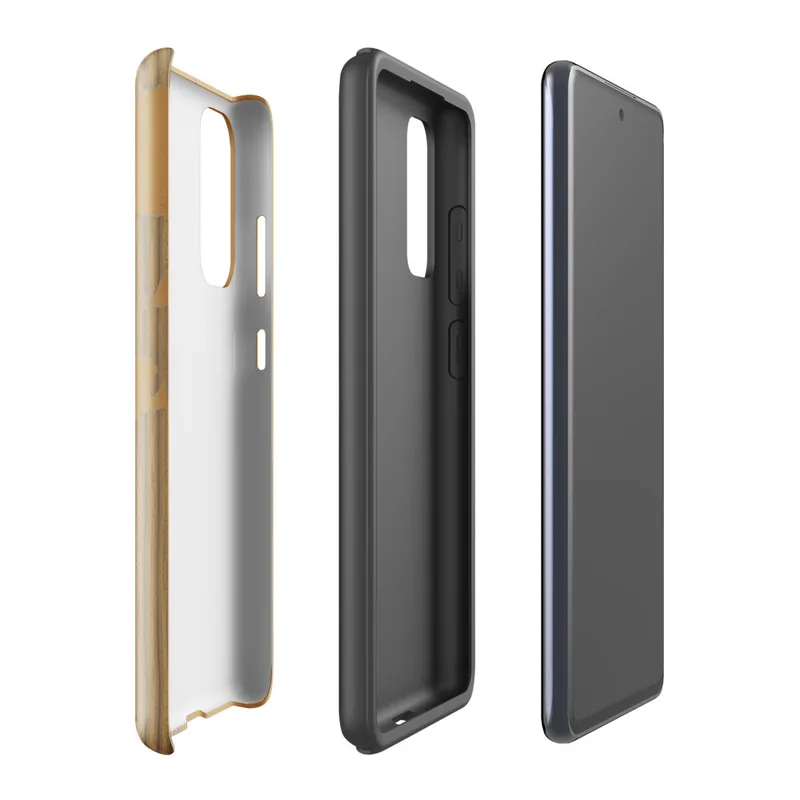 torn and peeling kraft paper revealing corrugated cardboard fluting beneath, warm amber and taupe tones with ragged irregular edges on Glossy Worn Cardboard World Tough Case for Samsung - default - Front view