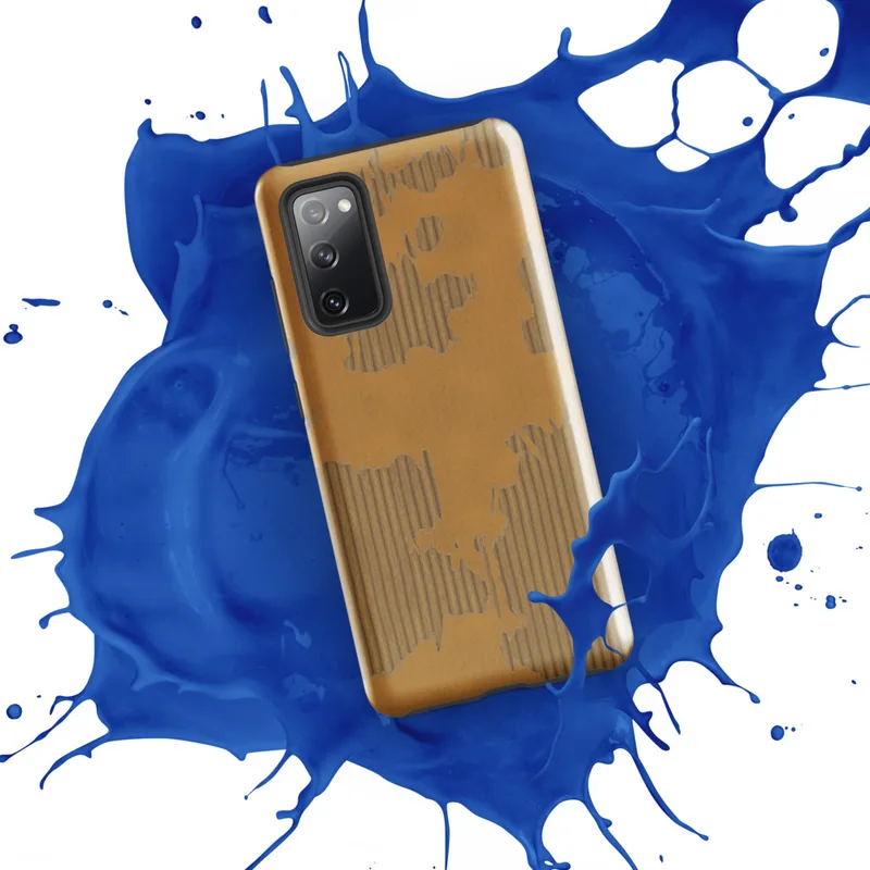 torn and peeling kraft paper revealing corrugated cardboard fluting beneath, warm amber and taupe tones with ragged irregular edges on Glossy Worn Cardboard World Tough Case for Samsung - default - Front view
