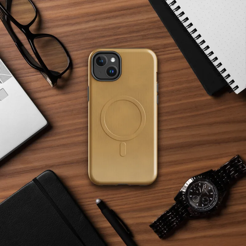 smooth golden ochre surface with soft brushed texture and subtle warm tonal variations resembling windswept sand dunes on Glossy Golden Sand Dune MagSafe Tough Case for iPhone - default - Front view