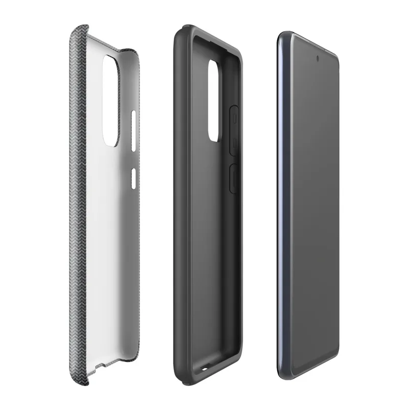 Glossy Steel Knit Armor Tough Case for Samsung — dense interlocking chevron knit pattern in steel grey with scattered deep