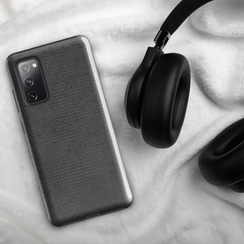 Glossy Steel Knit Armor Tough Case for Samsung — dense interlocking chevron knit pattern in steel grey with scattered deep