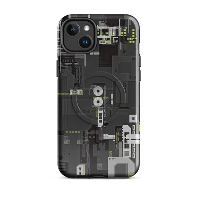 dense isometric circuit board and industrial machinery blueprint illustration in charcoal, lime green, and white on dark gray background on Glossy Circuit City MagSafe Tough Case for iPhone - default - Front view