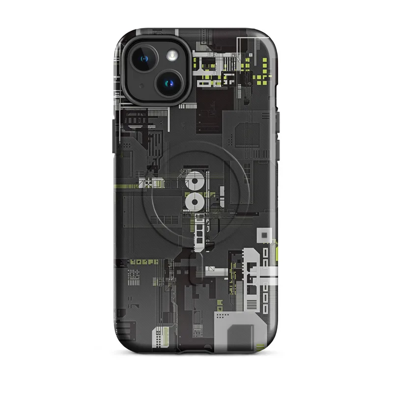 Glossy Circuit City MagSafe Tough Case for iPhone — dense isometric circuit board and industrial machinery blueprint