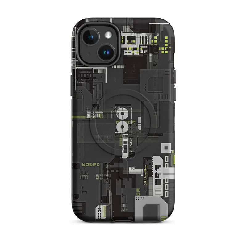 Matte Circuit City MagSafe Tough Case for iPhone — dense isometric circuit board and industrial machinery blueprint