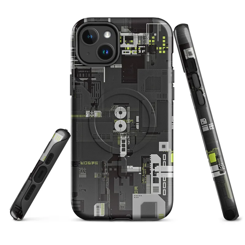 Glossy Circuit City MagSafe Tough Case for iPhone — dense isometric circuit board and industrial machinery blueprint