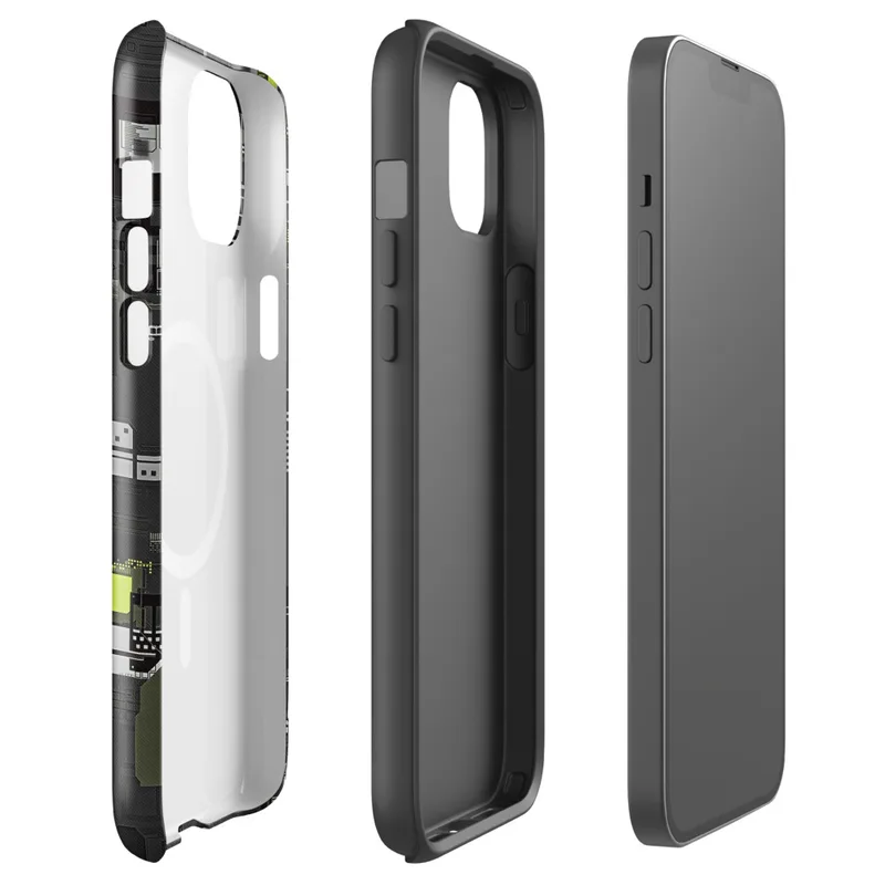 Glossy Circuit City MagSafe Tough Case for iPhone — dense isometric circuit board and industrial machinery blueprint
