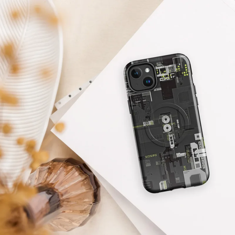 Glossy Circuit City MagSafe Tough Case for iPhone — dense isometric circuit board and industrial machinery blueprint