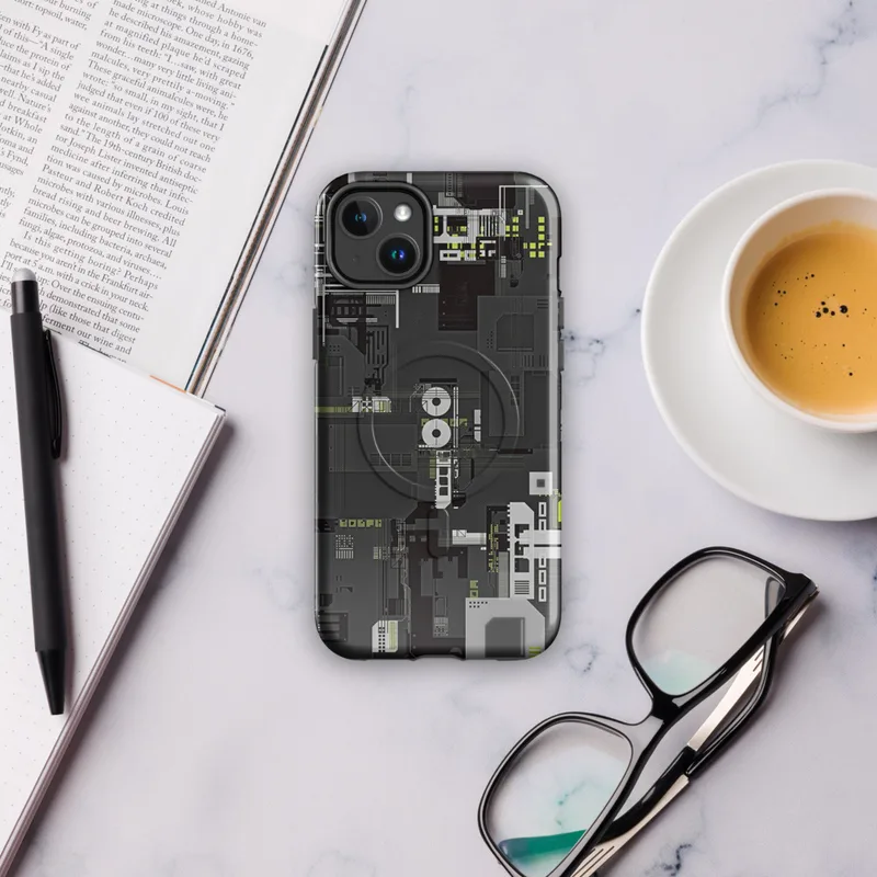 Glossy Circuit City MagSafe Tough Case for iPhone — dense isometric circuit board and industrial machinery blueprint