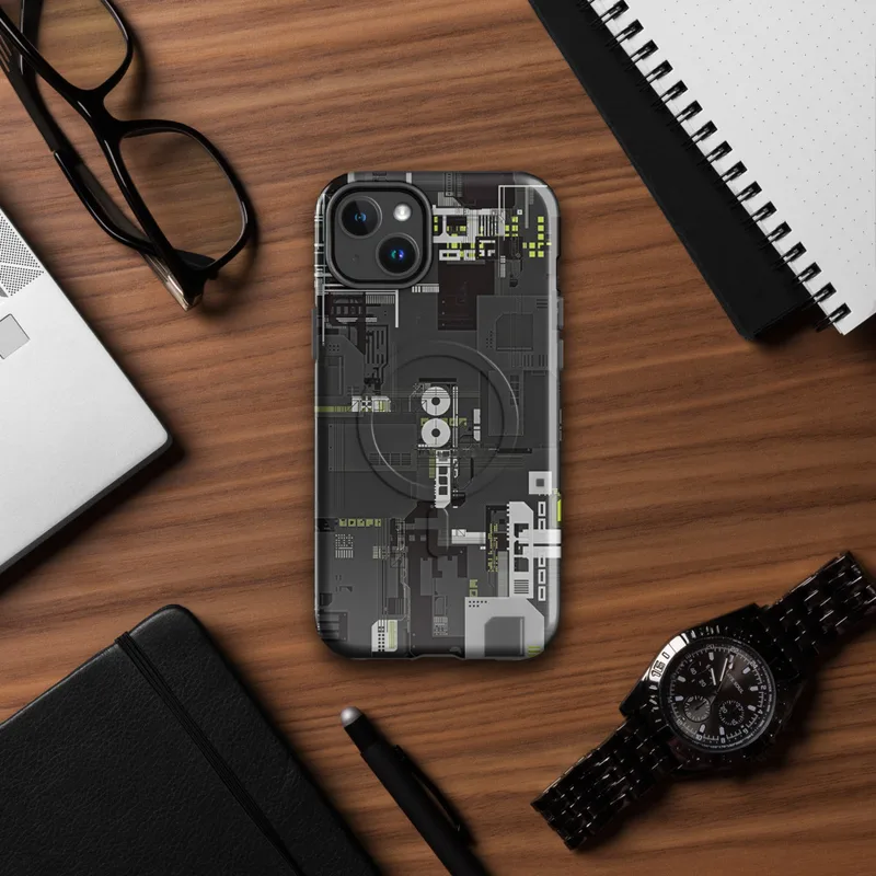 Glossy Circuit City MagSafe Tough Case for iPhone — dense isometric circuit board and industrial machinery blueprint