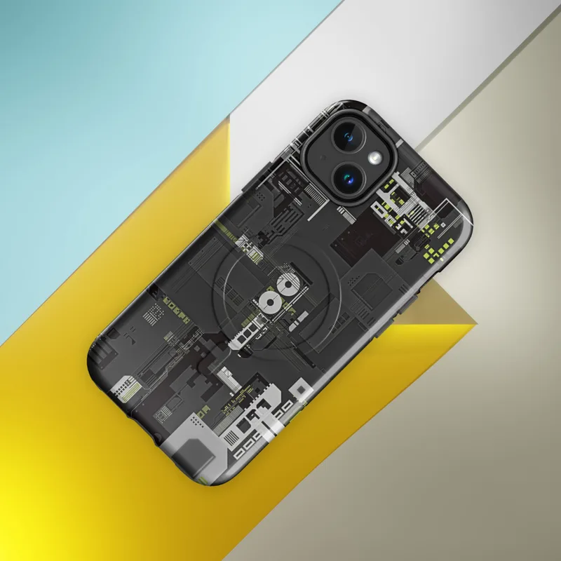 Glossy Circuit City MagSafe Tough Case for iPhone — dense isometric circuit board and industrial machinery blueprint