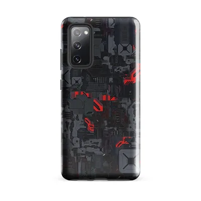 densely packed mechanical circuit board panels in dark steel gray and navy with scattered glowing red accent components on Glossy Circuit Warfare Armor Tough Case for Samsung - default - Front view