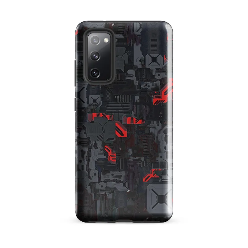 Glossy Circuit Warfare Armor Tough Case for Samsung — densely packed mechanical circuit board panels in dark steel gray