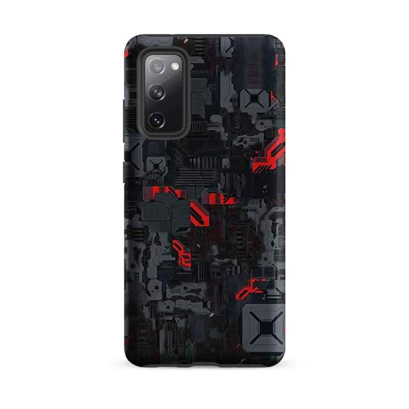 Matte Circuit Warfare Armor Tough Case for Samsung — densely packed mechanical circuit board panels in dark steel gray