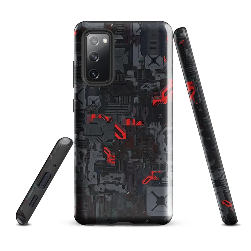Glossy Circuit Warfare Armor Tough Case for Samsung — densely packed mechanical circuit board panels in dark steel gray