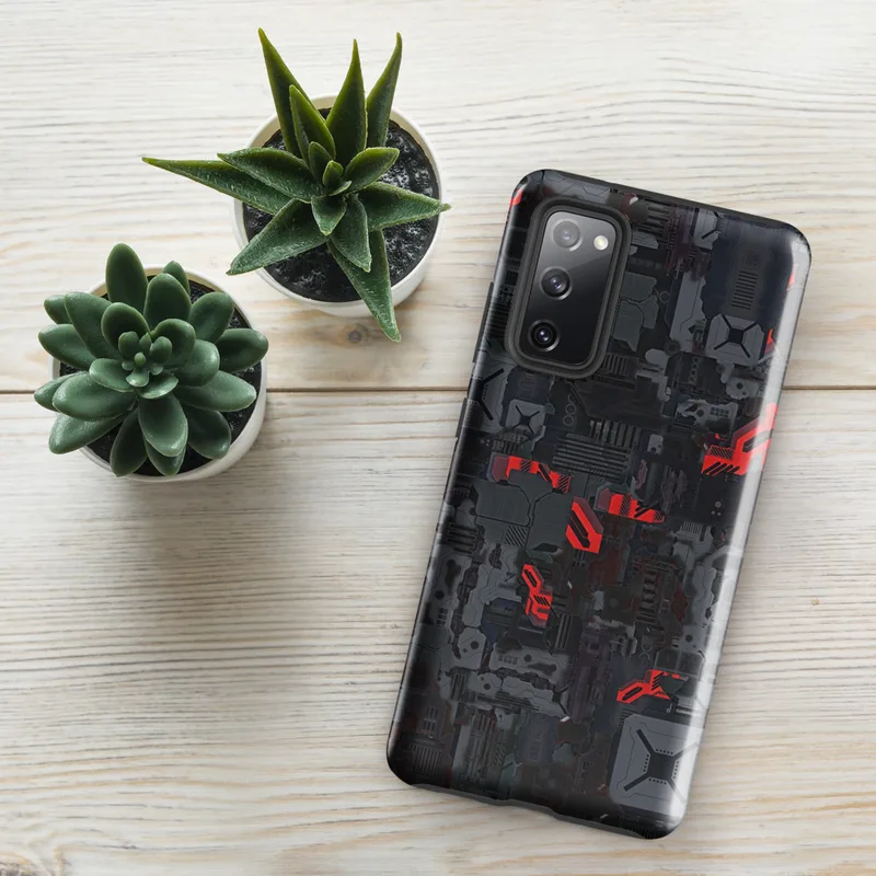 Glossy Circuit Warfare Armor Tough Case for Samsung — densely packed mechanical circuit board panels in dark steel gray