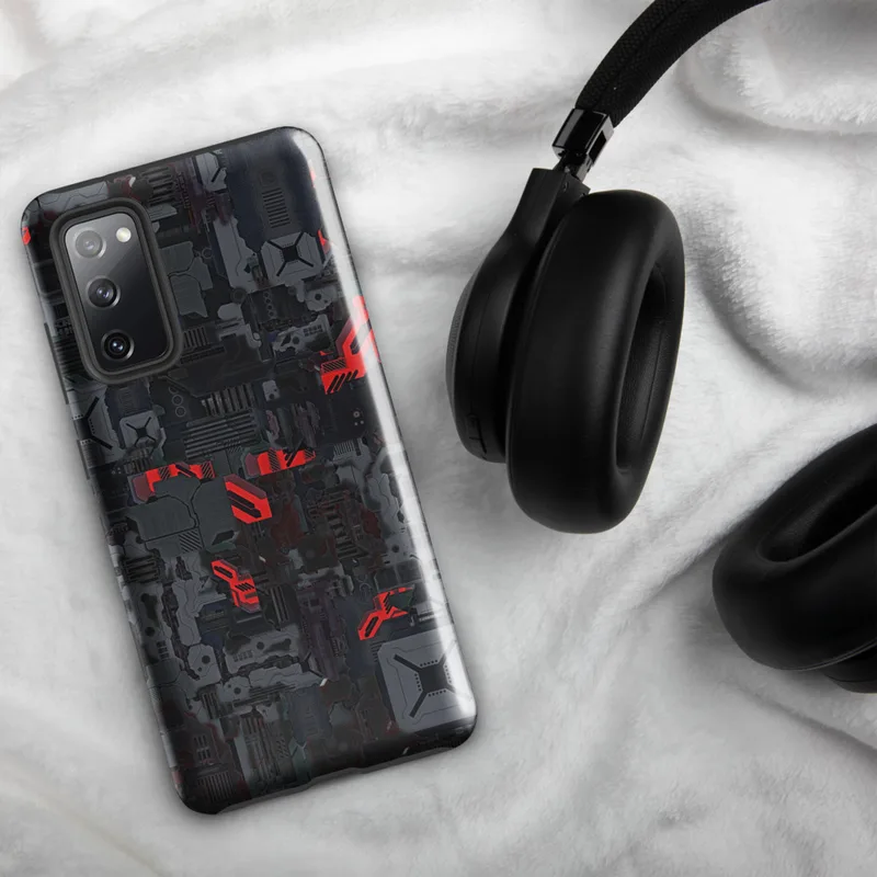 Glossy Circuit Warfare Armor Tough Case for Samsung — densely packed mechanical circuit board panels in dark steel gray