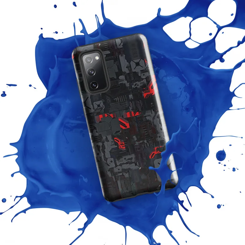 Glossy Circuit Warfare Armor Tough Case for Samsung — densely packed mechanical circuit board panels in dark steel gray