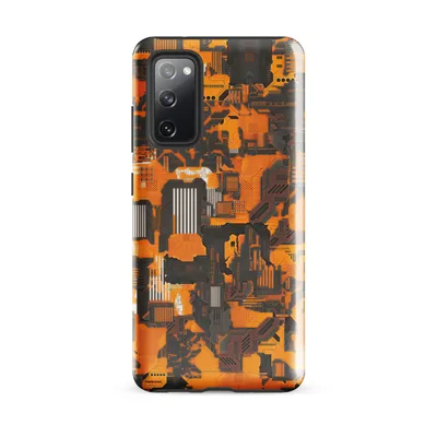 dense cyberpunk camouflage pattern of interlocking circuit board components in burnt orange, gunmetal gray, and charcoal on Glossy Circuit Camo Mech Warfare Tough Case for Samsung - default - Front view