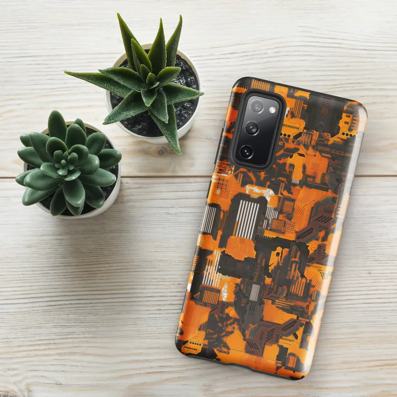 Glossy Circuit Camo Mech Warfare Tough Case for Samsung — dense cyberpunk camouflage pattern of interlocking circuit board