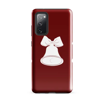 three white Christmas bells with ribbon bows arranged in a row on a deep crimson red background, clean silhouette illustration style on Glossy Triple Bells Holiday Cheer Tough Case for Samsung - default - Front view