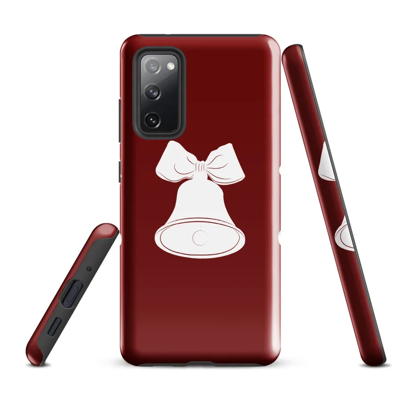 Glossy Triple Bells Holiday Cheer Tough Case for Samsung — three white Christmas bells with ribbon bows arranged in a row