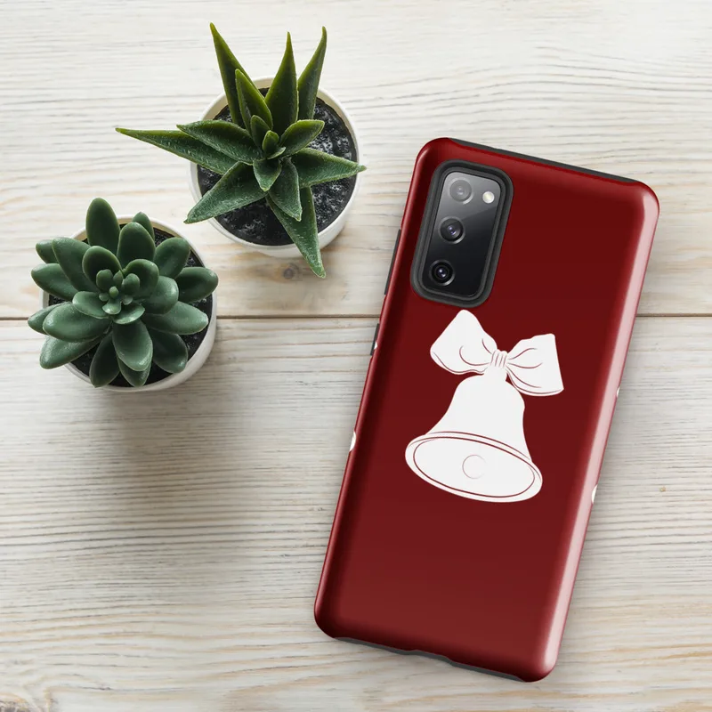 Glossy Triple Bells Holiday Cheer Tough Case for Samsung — three white Christmas bells with ribbon bows arranged in a row