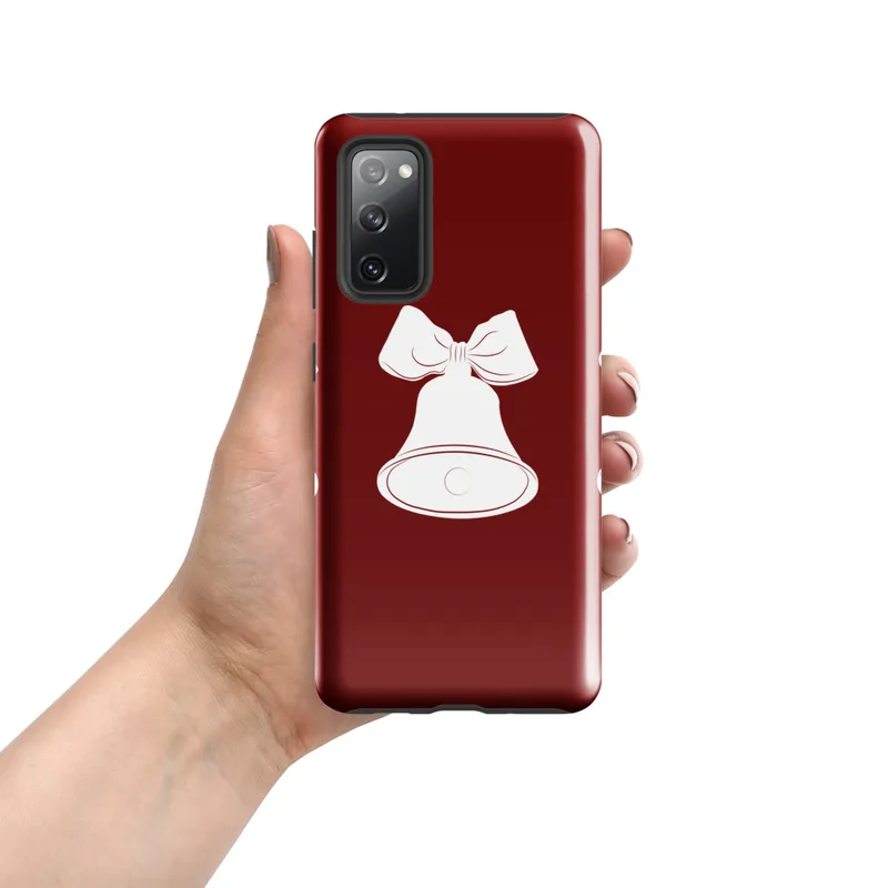 Glossy Triple Bells Holiday Cheer Tough Case for Samsung — three white Christmas bells with ribbon bows arranged in a row