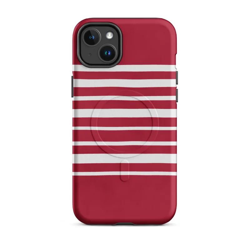 Matte Classic Red Stripe MagSafe Tough Case for iPhone — horizontal white stripes evenly spaced on a deep crimson red