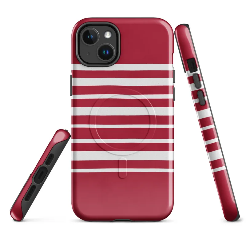 Glossy Classic Red Stripe MagSafe Tough Case for iPhone — horizontal white stripes evenly spaced on a deep crimson red