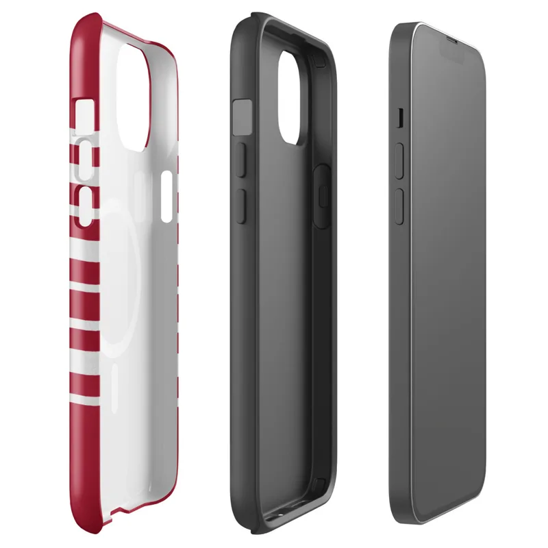 Glossy Classic Red Stripe MagSafe Tough Case for iPhone — horizontal white stripes evenly spaced on a deep crimson red