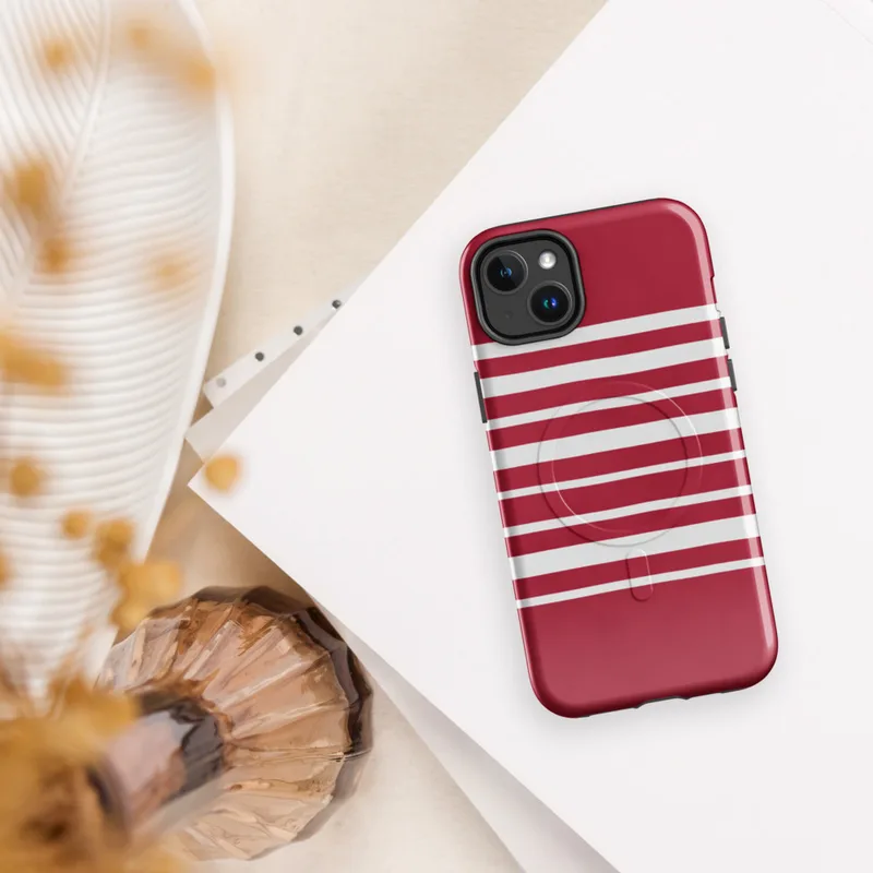 Glossy Classic Red Stripe MagSafe Tough Case for iPhone — horizontal white stripes evenly spaced on a deep crimson red