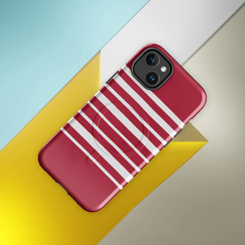 Glossy Classic Red Stripe MagSafe Tough Case for iPhone — horizontal white stripes evenly spaced on a deep crimson red
