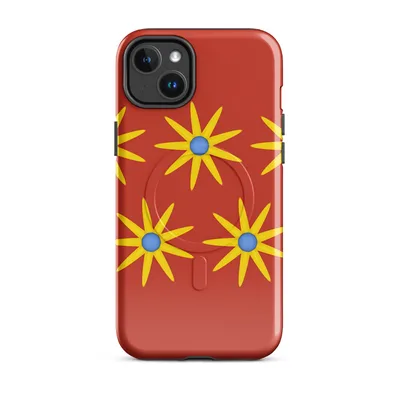 repeating pattern of yellow multi-petal sunflowers with blue centers on a deep red background on Glossy Sunshine Bloom MagSafe Tough Case for iPhone - default - Front view