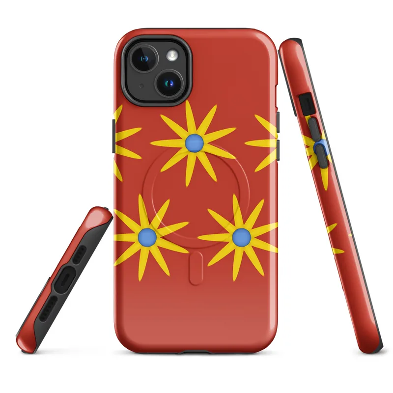 Glossy Sunshine Bloom MagSafe Tough Case for iPhone — repeating pattern of yellow multi-petal sunflowers with blue centers