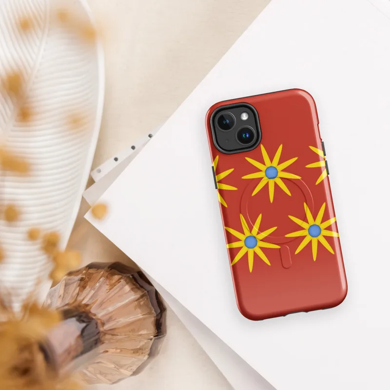 Glossy Sunshine Bloom MagSafe Tough Case for iPhone — repeating pattern of yellow multi-petal sunflowers with blue centers