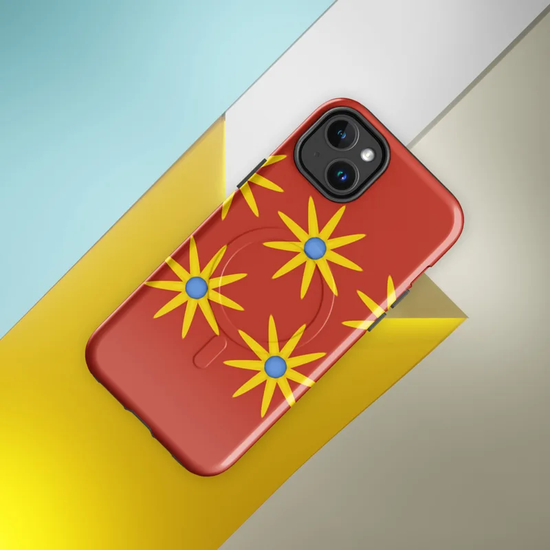 Glossy Sunshine Bloom MagSafe Tough Case for iPhone — repeating pattern of yellow multi-petal sunflowers with blue centers