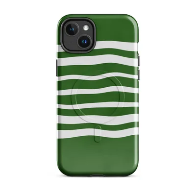 wavy white horizontal stripes layered over a deep forest green background with a flowing, organic pattern on Glossy Green Wave Stripe MagSafe Tough Case for iPhone - default - Front view