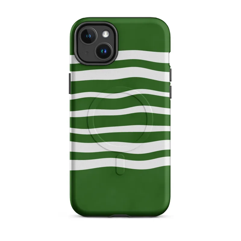 Matte Green Wave Stripe MagSafe Tough Case for iPhone — wavy white horizontal stripes layered over a deep forest green