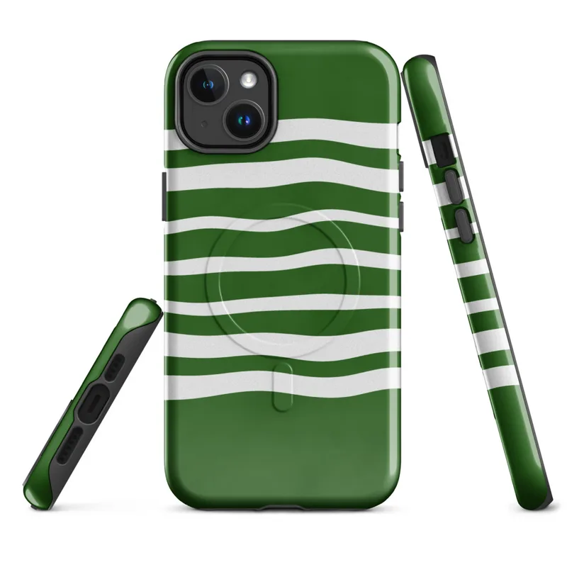Glossy Green Wave Stripe MagSafe Tough Case for iPhone — wavy white horizontal stripes layered over a deep forest green