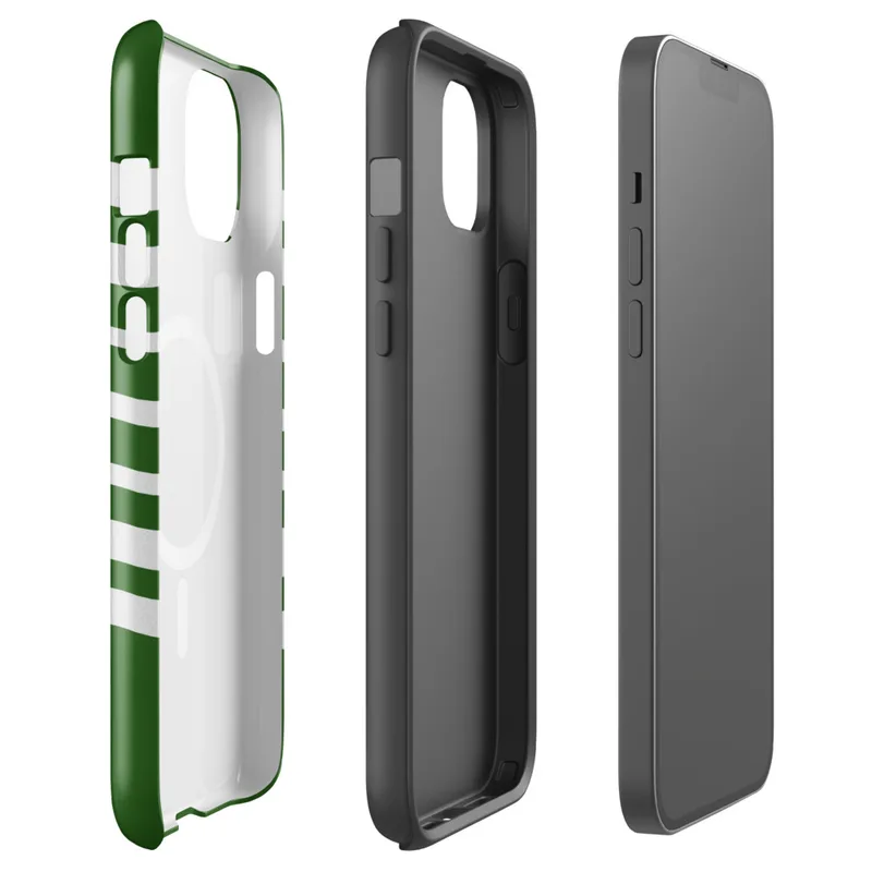 Glossy Green Wave Stripe MagSafe Tough Case for iPhone — wavy white horizontal stripes layered over a deep forest green